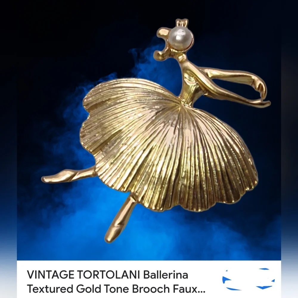 Tortolani Vintage Gold Tone Ballerina Brooch with Faux Pearl Accent 2" EUC - Picture 3 of 5